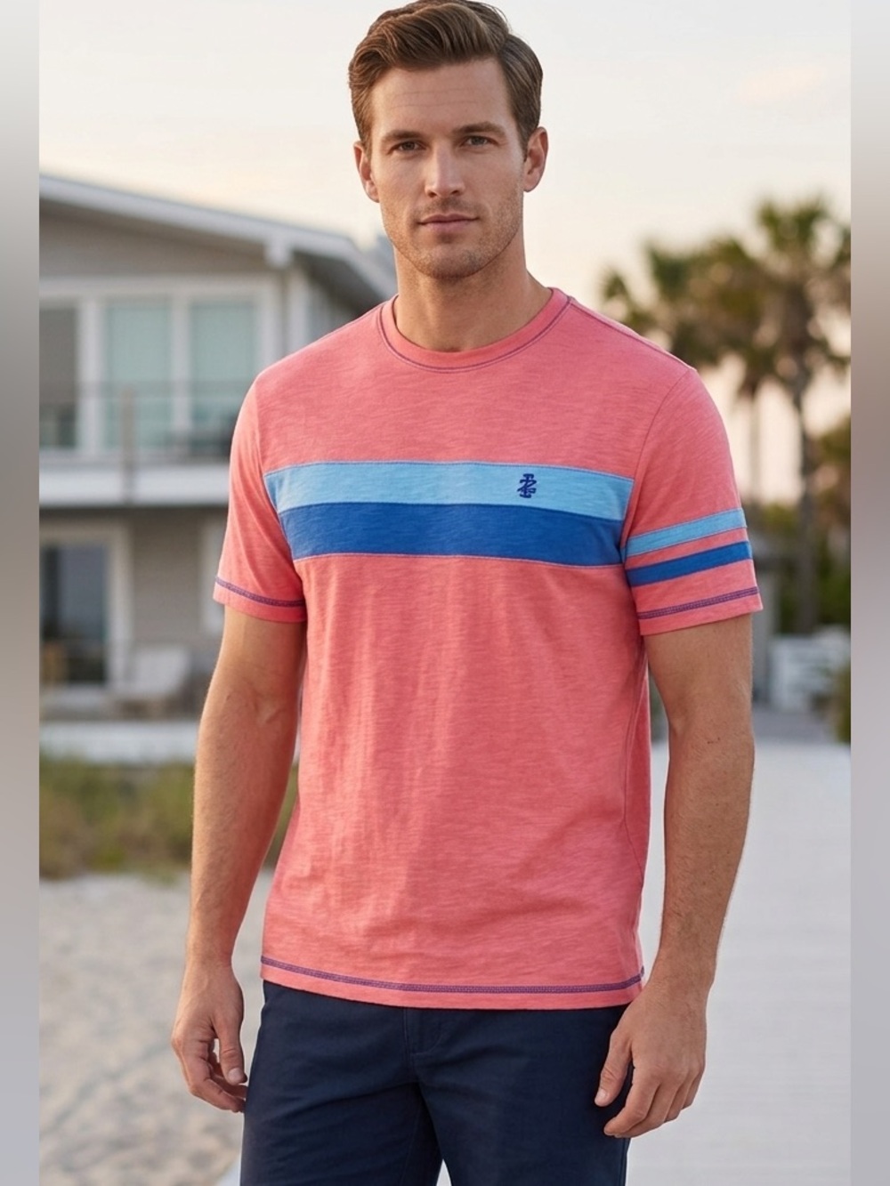 Izod Saltwater Coral Short Sleeve Tee with Light and Royal Blue Stripes Size S